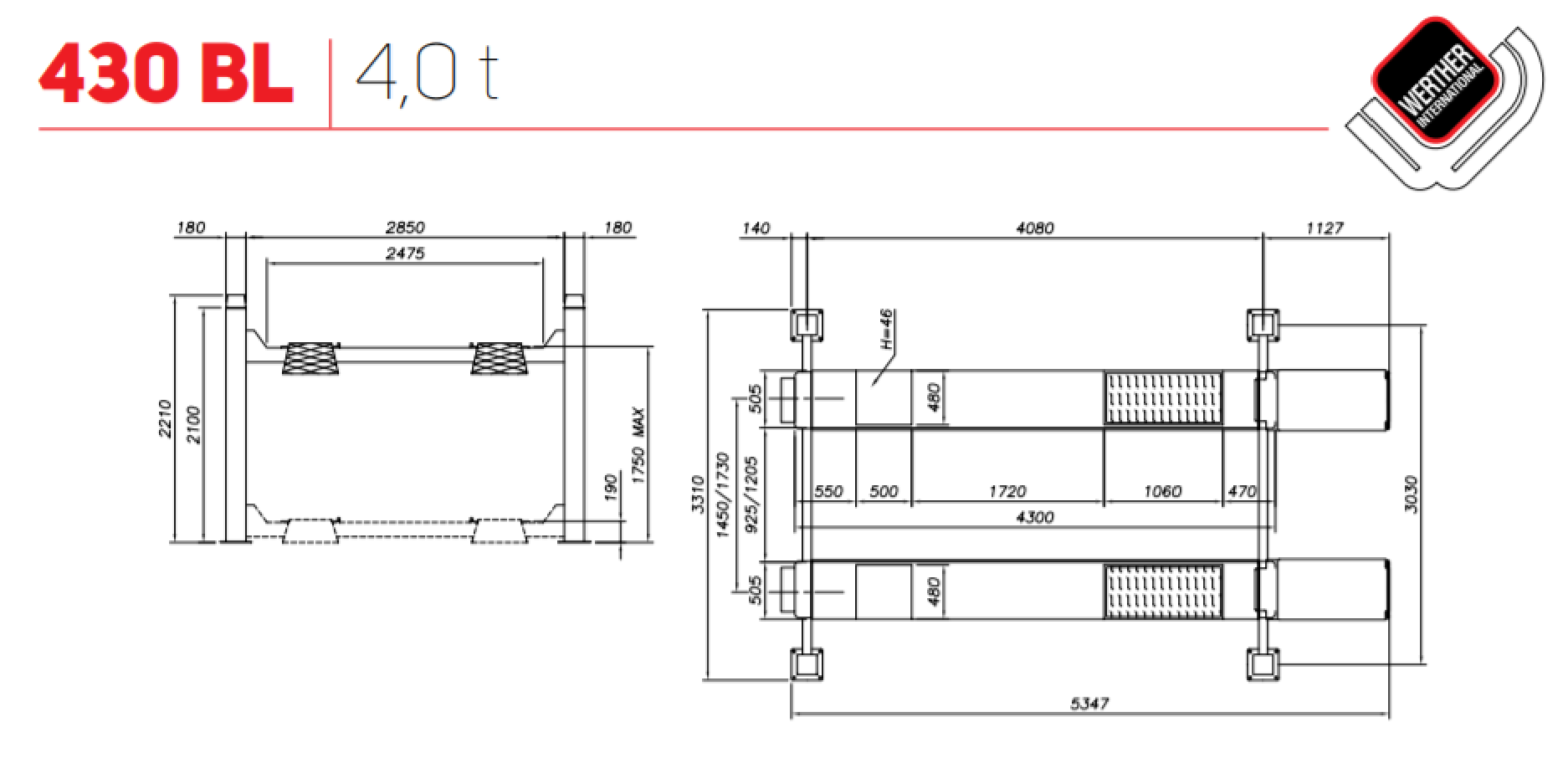 4-post lift 4000kg for wheel alignment WERTHER/400V