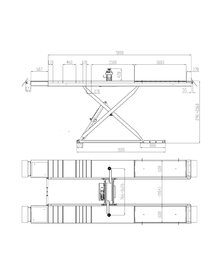 Scissor lift with recessed version wheel geometry Nortec PRO PN500N 5.0T